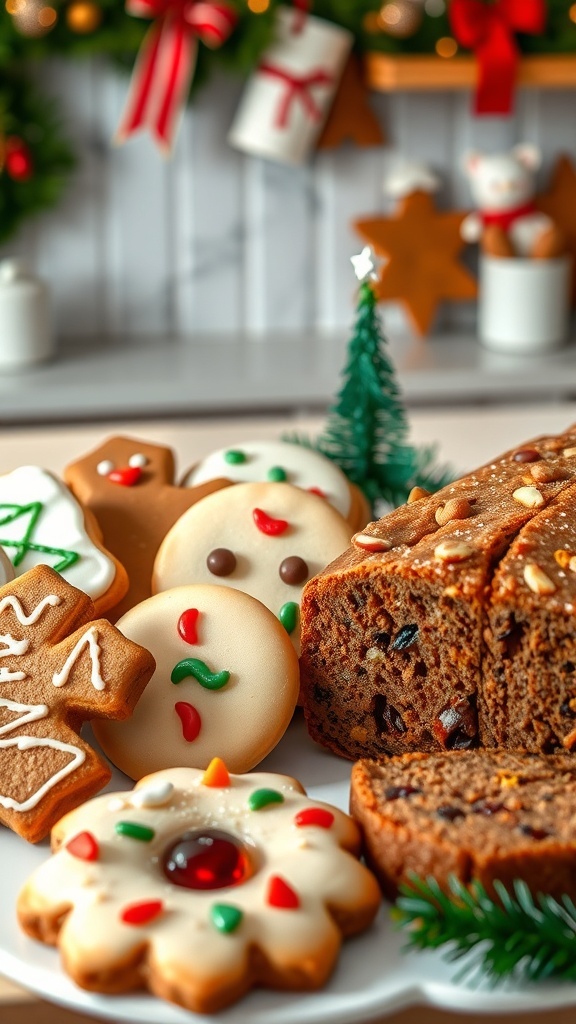 A variety of traditional Christmas baked goods including gingerbread cookies, sugar cookies, and fruitcake on a festive table.